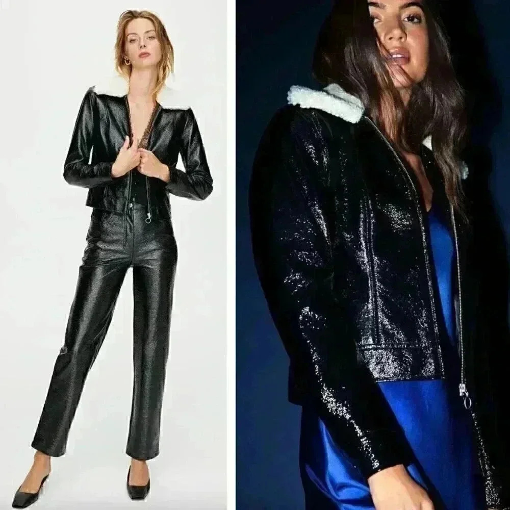 Aritzia Black Faux Leather Jacket with White Sherpa Collar